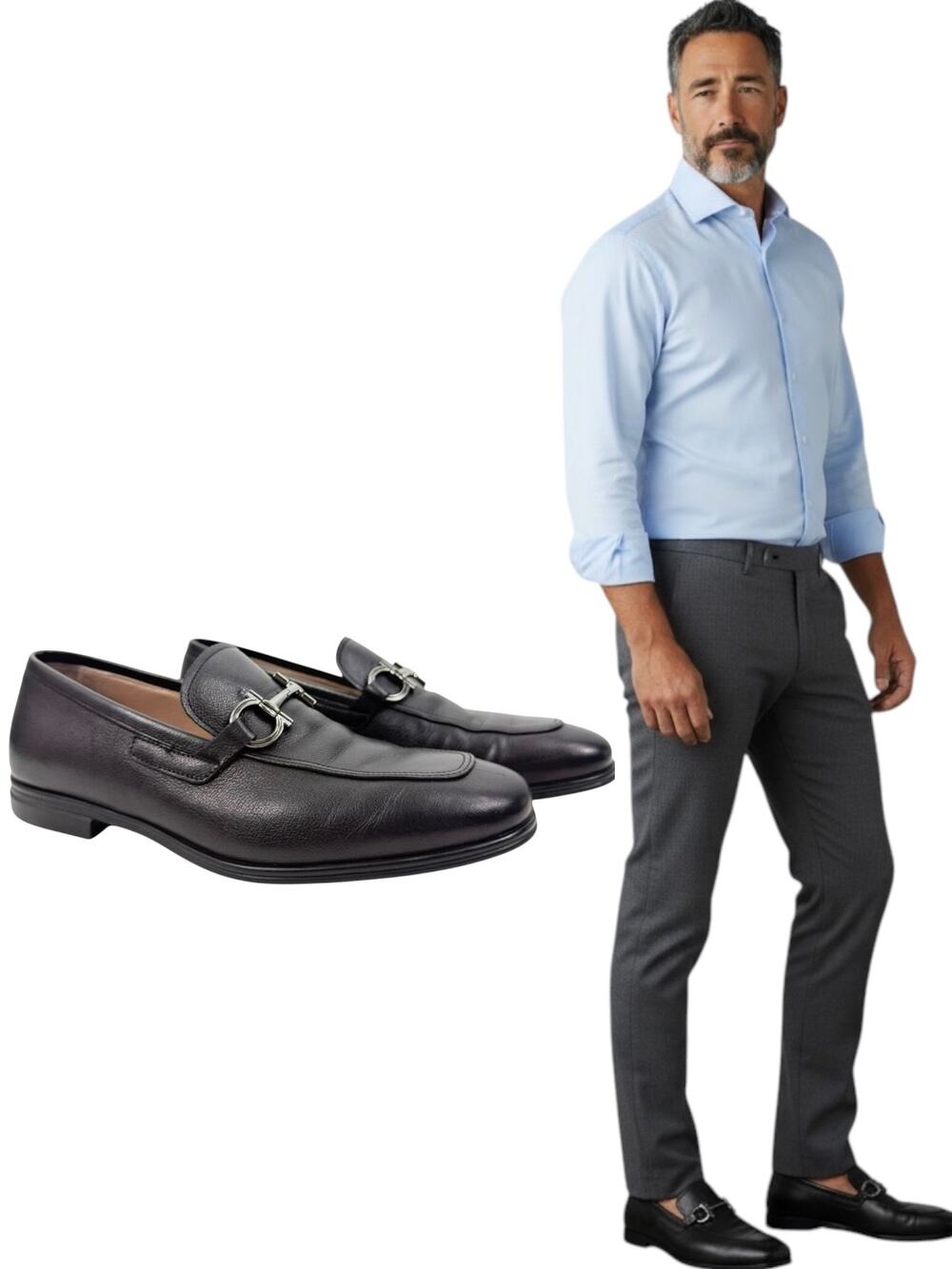 Salvatore Ferragamo Scarlet Gancini Double Bit Loafers Black Leather Size 9.5